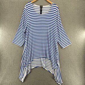 Chicos Top Womens 2 US Large Blue Striped Travelers Knit Sharkbite Hem Stretch